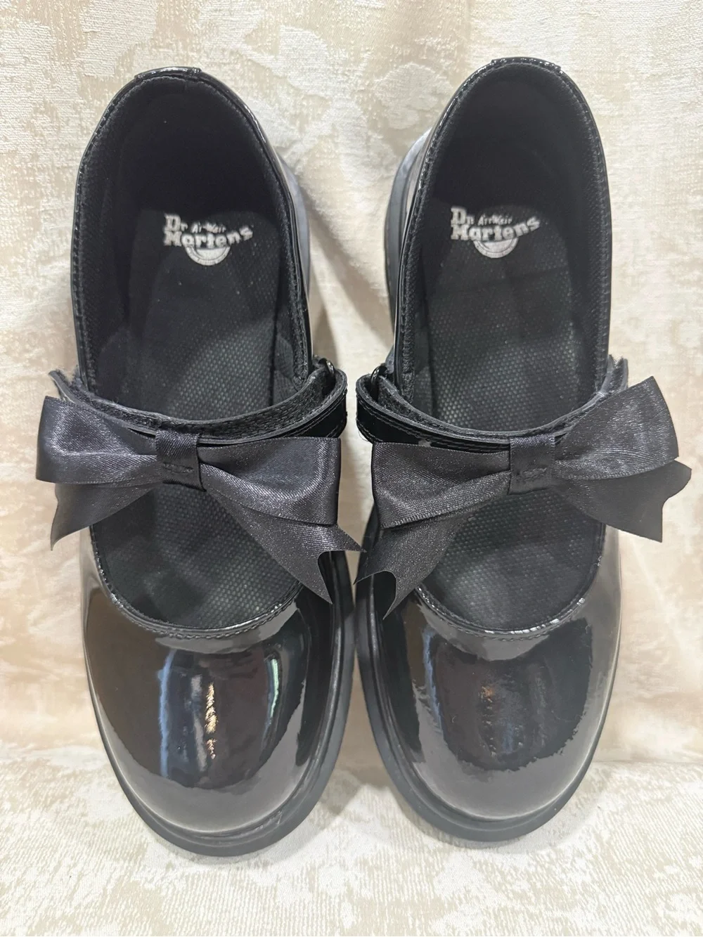 Doc Martens Black Patent Mary Jane Flats Velcro Straps with Bows Maccy II